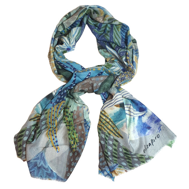 Eliza Piro Blue Bouquet 100% Wool Scarf