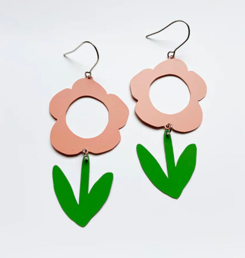 Denz Peachy pink + Grass Green Flowers painted steel dangles Earrings
