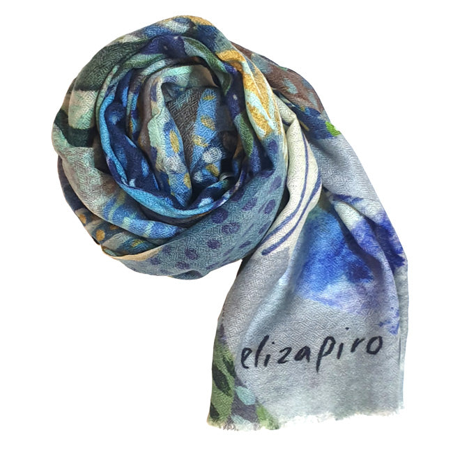 Eliza Piro Blue Bouquet 100% Wool Scarf