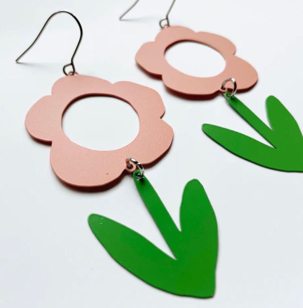 Denz Peachy pink + Grass Green Flowers painted steel dangles Earrings